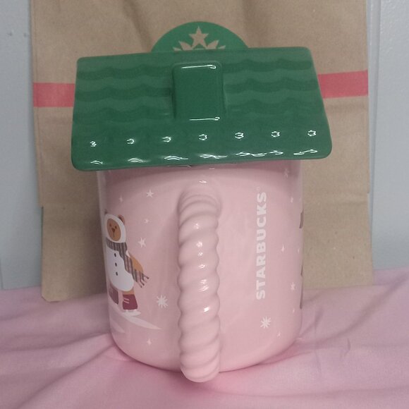 Starbucks 2025 HOLIDAY CHRISTMAS Mug Bearista Pink Gingerbread House Coffee NEW - Picture 2 of 3